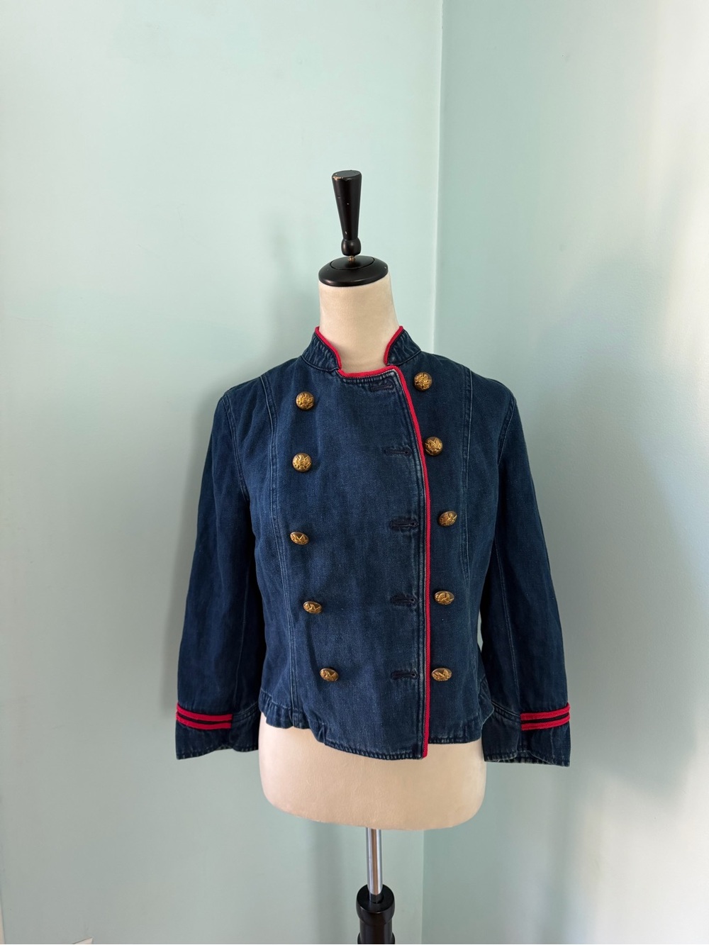 Ralph Lauren Jean Co Double Breasted Denim Military Jacket Red Trim Size P/M